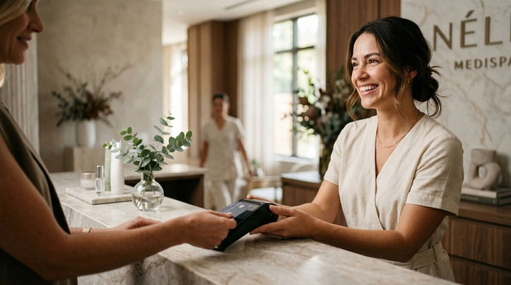 Smiling front-desk team member taking a card payment