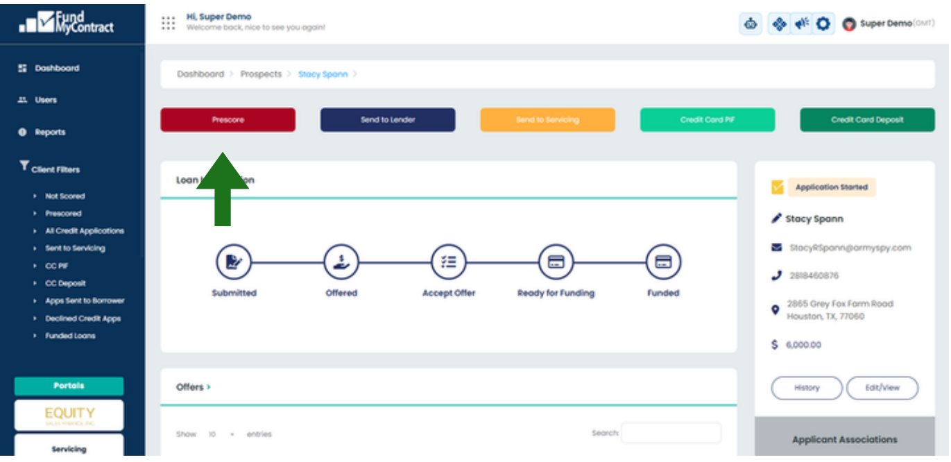 FMC HUB dashboard with the PreScore button highlighted