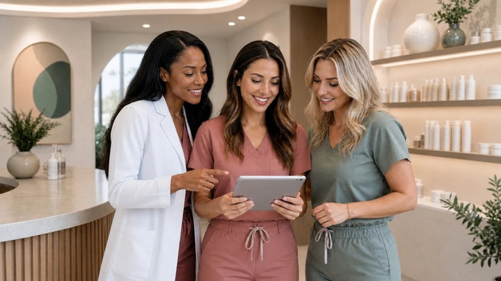 Provider and team reviewing a tablet