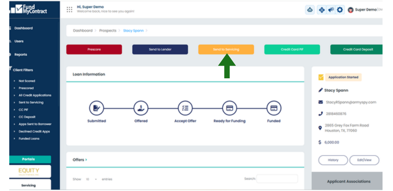 FMC HUB dashboard with the Send to Servicing button highlighted
